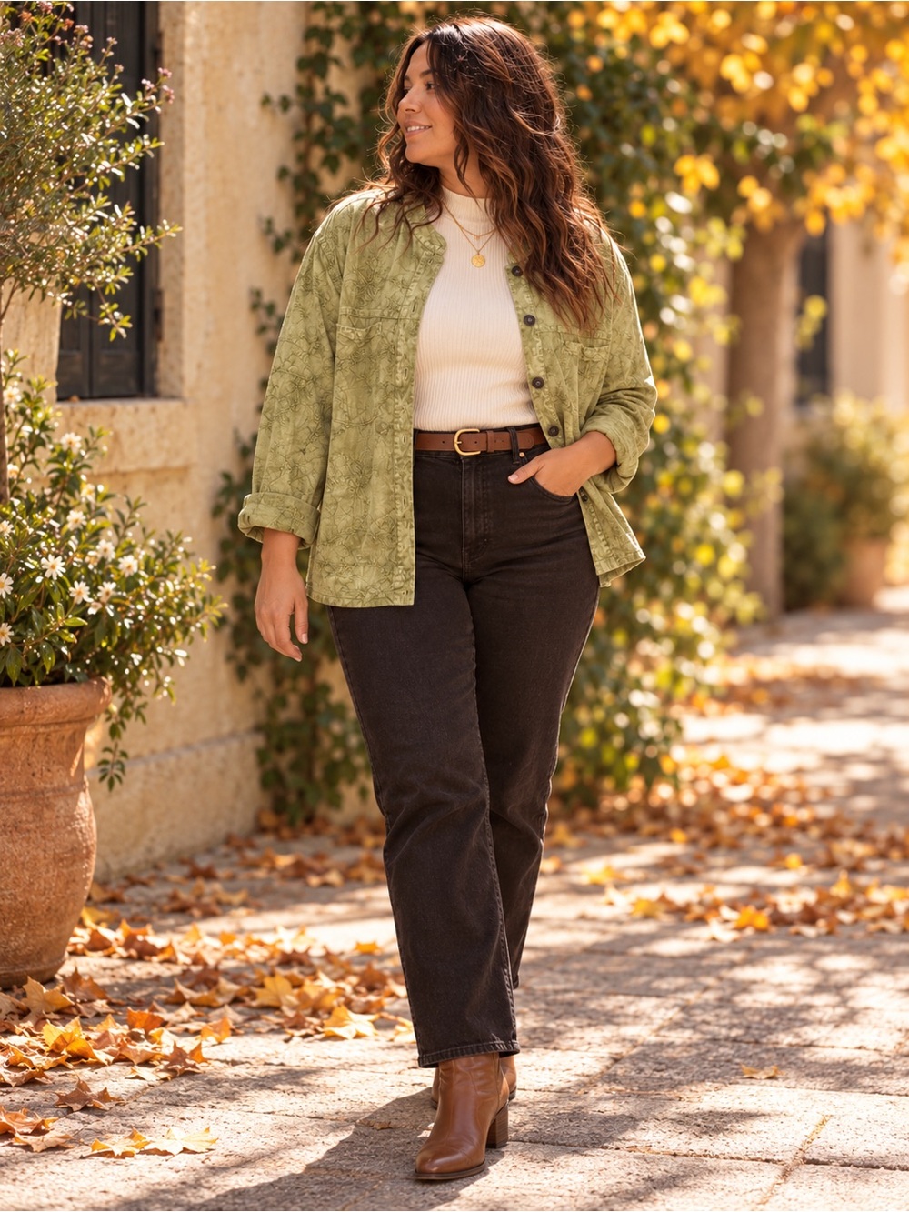 CJ Banks Embroidered Olive Green Jacket 1X Boho Cottagecore Button Lightweight